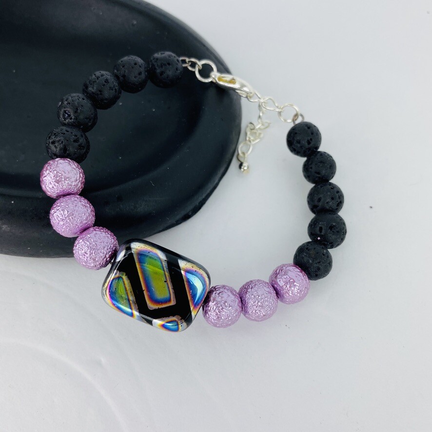 Pink Lavender Frost Glass Black Lava Rock Adjustable Boho Bracelet-image