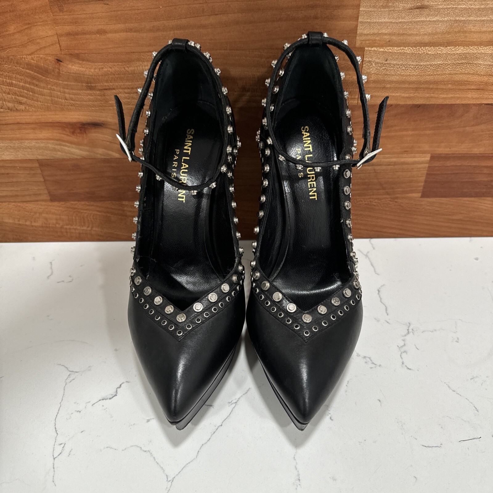 Saint Laurent Janis cinturino alla caviglia borchiato plateau tacco 5" 37 EU 6 5 US $2500