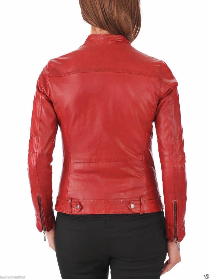 Chaqueta de cuero real suave de piel de cordero roja para mujer Chaqueta de motociclista ajustada Foto 3 de 4