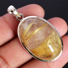 Natural Golden Rutile Quartz Gemstone 925 Sterling Silver Women Pendant Jewelry