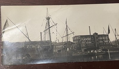 RPPC Long,Ships at Port with American Flag, People Dock Fronting M Winter Lumber