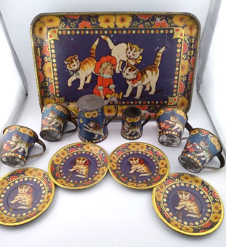 New ListingRARE Antique Ohio Art Tin Litho Child Toy Tea & Cup Cat Kitten Tea Set -ca.1920s