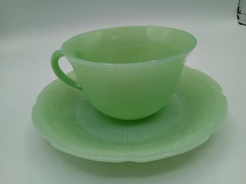 Vintage Fire King Glass Jadeite Alice Pattern Coffee or Tea cup with Saucer NICE