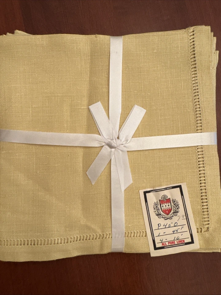 Vintage Pure Linen 44”x44” Tablecloth & 15"x15" Napkins Set Gold Color 5 Piece - Image 2 of 4