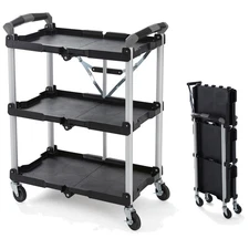 150LB Capacity Collapsible Service Cart with 3 Shelves - Effortless Mobility