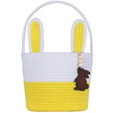 Empty Yellow Easter Basket with Bunny Tag for Kids Boys Girls Egg Hunt