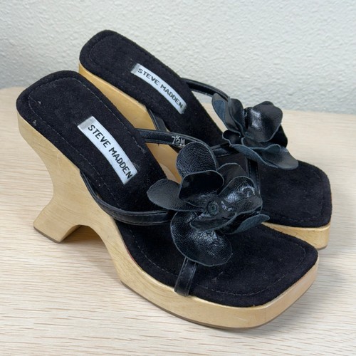 Vintage 90s Y2k Black Floral Wooden Platform Heel Sandals Party Trashy Bimbo 7.5