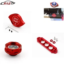RED JDM Oil Filler Cap Water Radiator Cap Battery Tie Down Kit For Honda Civic