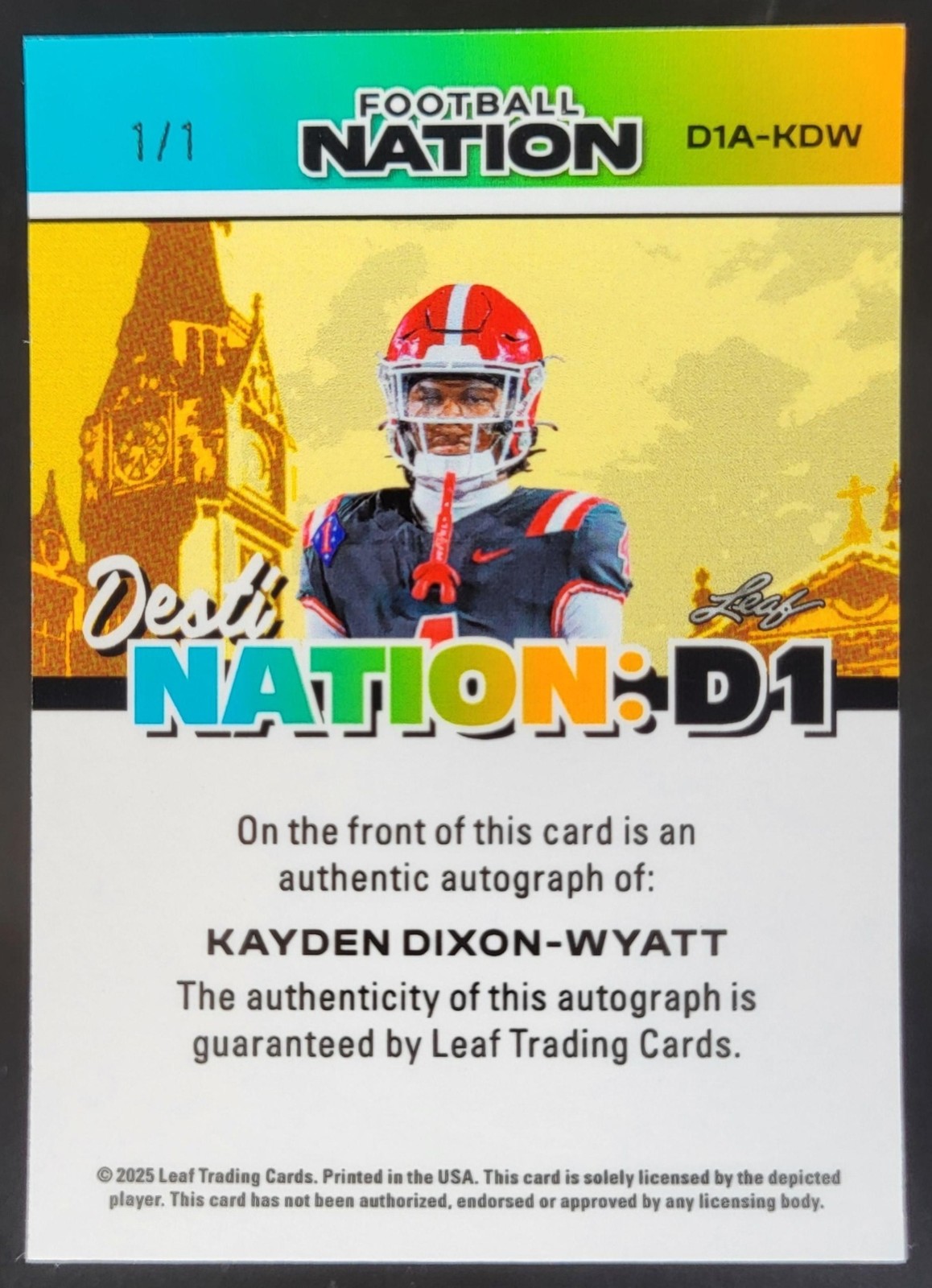 2025 Leaf Football Nation Kayden Dixon-Wyatt DestiNation Auto Super Gold 1/1 NQ view 2
