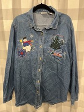 Bobbie Brooks Denim Shirt Christmas Embroidered Vtg Large W Button Up Y2K
