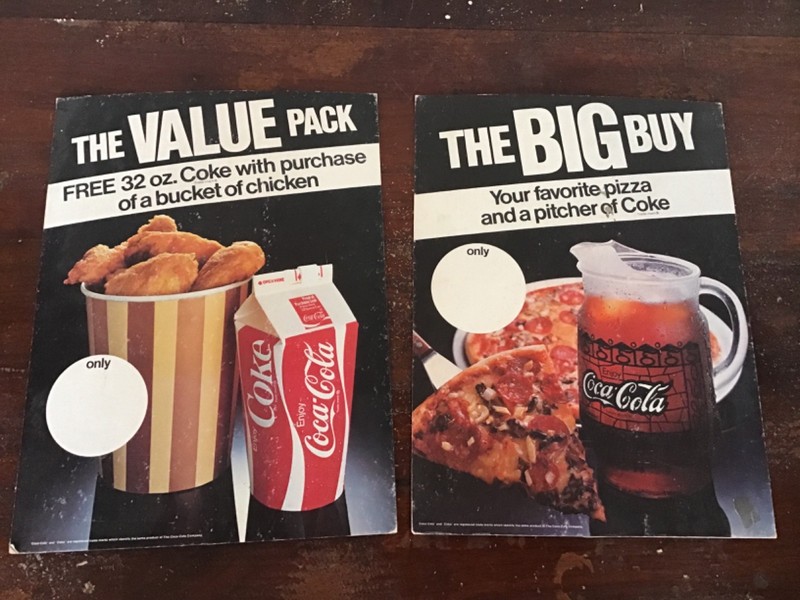 2 Vintage Coca Cola Cardboard  Advertising Signs ~ Bucket of Chicken / Pizza