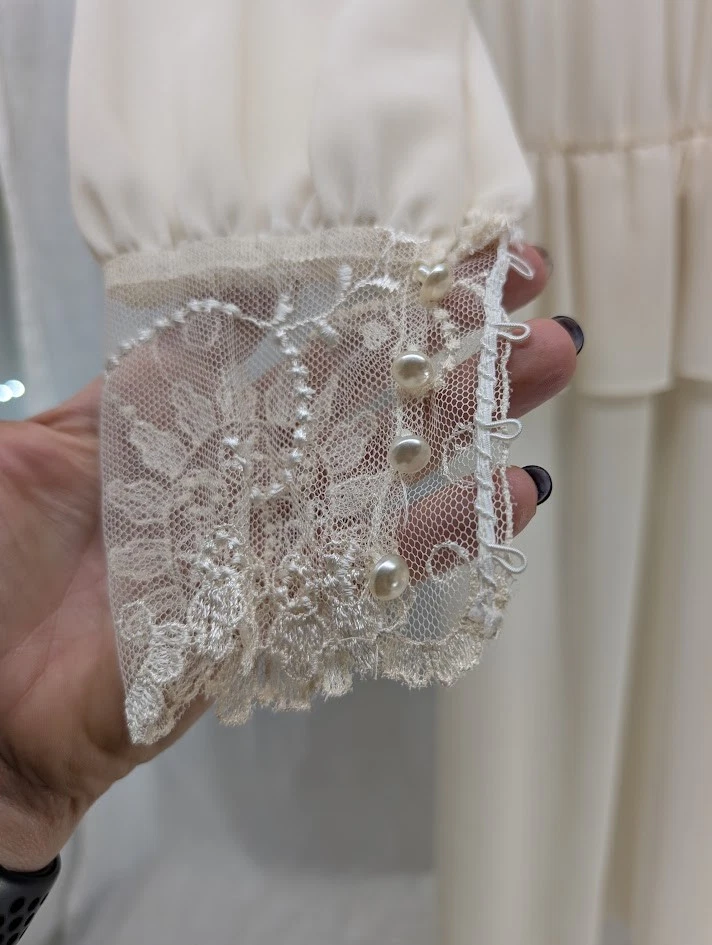 Vestido de noiva vintage blusa de renda creme top saia midi mangas compridas pequeno L10 - Imagem 3 de 4