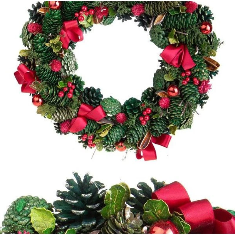Corona Natalizia Porta BRANDANI Pigne Fiocchi Rossi Bacche Ghirlanda Natale, fotografia 6 di 9