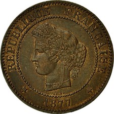 [#455078] Coin, France, Cérès, 5 Centimes, 1877, Paris, AU, Bronze, KM:821.1