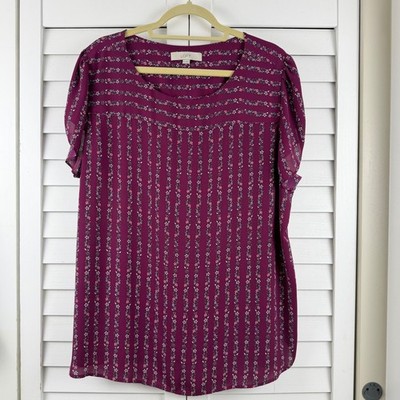 LOFT Blouse Womens XXL Purple Floral Stripe Flutter Sleeve Pleated Back