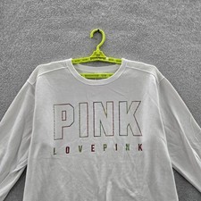 PINK Victoria's Secret Women Sweatshirt L White Graphic Logo Long Sleeve READ