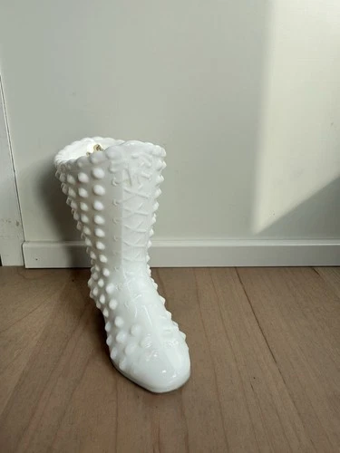 Fenton White Hobnail Milk Glass Victorian Boot Shoe Vase Figurine Vintage
