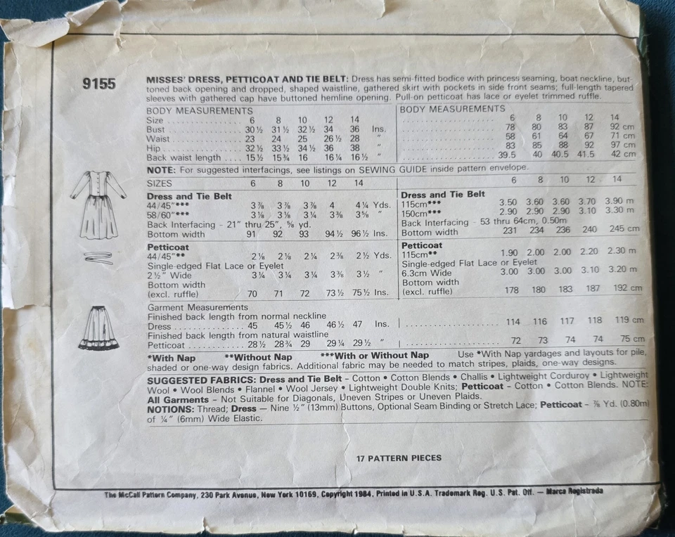 1980s Laura Ashley Puff Sleeve Round Neck Dress McCalls 9155 Sewing Pattern - Image 3 of 3