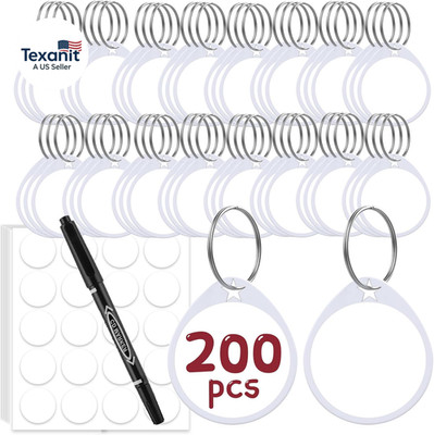 200 Pcs Tough Plastic Key Tags with Blank Paper Label Stickers and Marker, Metal