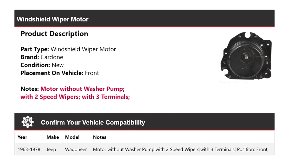 Para Jeep Wagoneer 1963-1978 Limpiaparabrisas Motor Delantero Cardone 1964 1965 1966 Foto 2 de 4