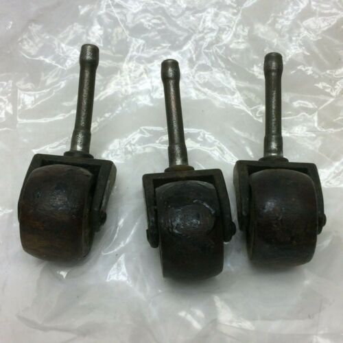 3 Vintage Wooden Wheel Furniture Casters  - Picture 1 of 11