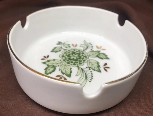 4” W X 1 1/2” H Hollohaza Hungary Ashtray Green Cabbage Rose Flowers Gold Trim - Picture 4 of 6