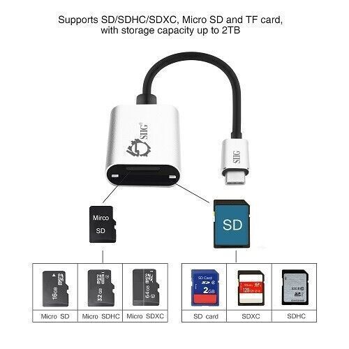 SIIG JU-MR0F12-S1 USB-C 2-in-1 Card Reader For SD & Micro SD Silver Retail - Picture 2 of 6