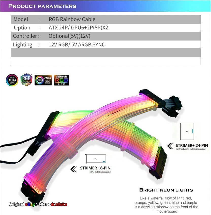 24Pin Addressable RGB Power Extension Cable GPU ATX Strimer 24PIN 8Pin Aura Sync - Image 4 of 4