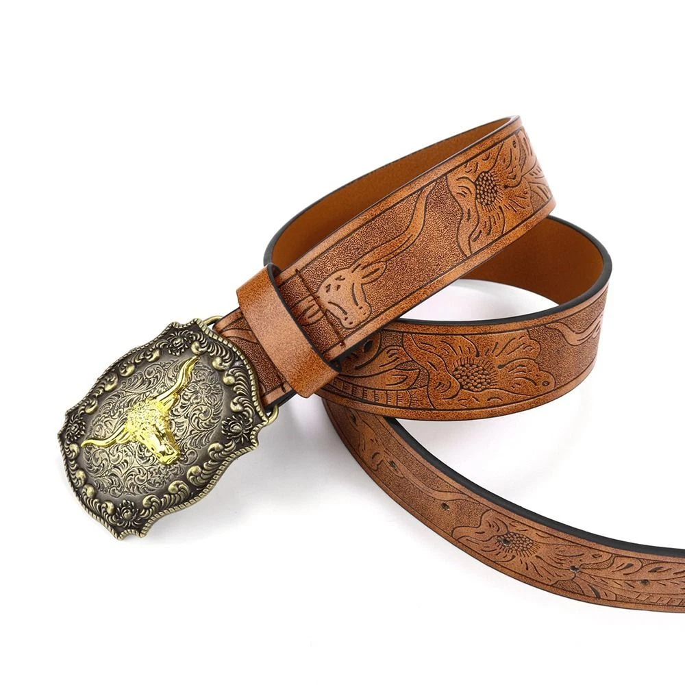 Western Cowboy Belts for Men Women - Bull Floral Engraved Belt