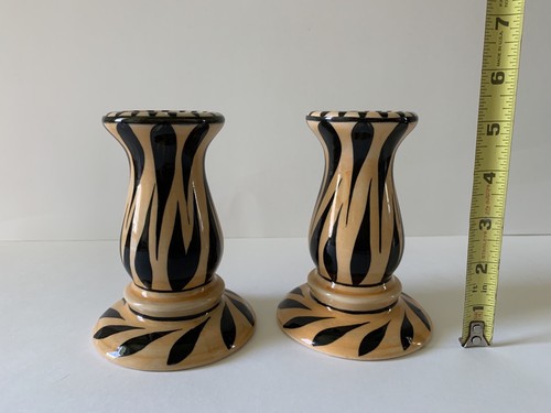 Evandale Pair 5” Porcelain Handpainted Yellow/Black Noble Signed Candleholders - Picture 4 of 10