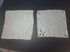 Lot of 2 Antique Madeira embrydered Handkerchief flower linen Portugal Franshaw