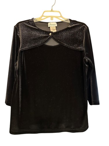 Vintage Joanna Women Top XL Black Velvet Stretch Tunic Keyhole 3/4 Sleeve Blouse