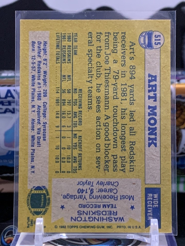 Art Monk 1982 Topps Football card 515 Washington Redskins WR JH