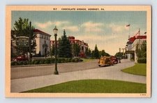 Postcard Pennsylvania Hershey PA Chocolate Avenue Car Auto 1940s Unposted Linen