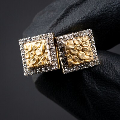 Herren-Ohrstecker echt 14 K Gelbgold quadratisch Nugget Eis natürlicher Diamant