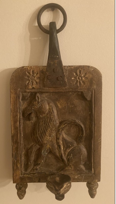 Antique Asian Hand Carved Wall Art. Horse Motif. Metal Ring For Hanging.