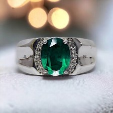 Emerald Gemstone With 14K Solid White Gold Ring For Men's AL654