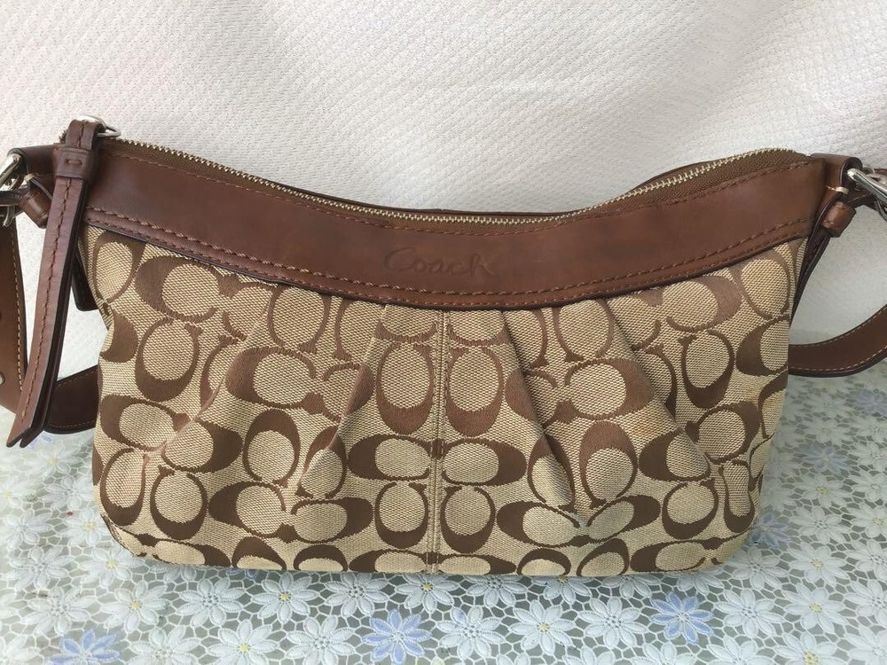 COACH Signature Bag Canvas Leather F14184 Brown inside Zippered pocket Used