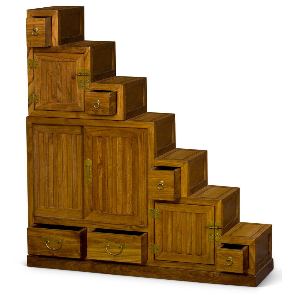 US SELLER - 49in Walnut Finish Elmwood Japanese Step Tansu Chest