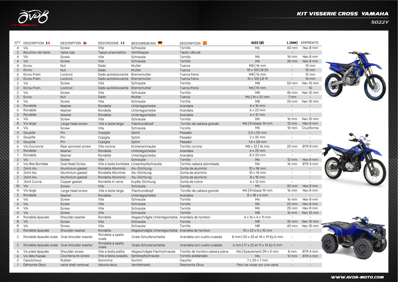 Tornillería YAMAHA YZ 125 : kit 181 pièces anti-vibration pour restaurer les modèles 1998-2001