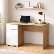 Image of Desk with Drawer Storage Cupboard 120cm White Gloss Oak Modern Home Office Zele