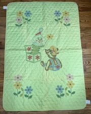 VTG Teddy Bear Jack In The Box Baby Crib Quilt Blanket Green Crossstitch 57  x40  