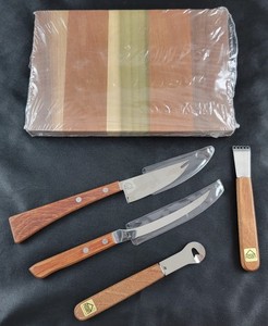 1977 Hoan Japan Wood Cutting Board Charcuterie Knives Utensils NEW Vintage