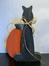 Wooden Hand painted Black Cat And Pumpkin 10 Tall Halloween Decor Rustic