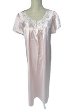 Vintage 70s 80s Ilise Stevens Pink Satin Nightgown With Floral Lace  Puff Sleev