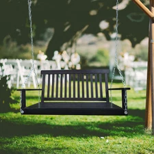 Front Porch Swing with Armrests, Wood Bench Swing with Hanging Chains for Patio