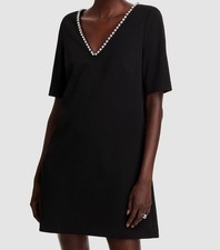 Eliza J Women's Black Embellished Stretch Lined Relaxed V-Neck Dress Size 8
