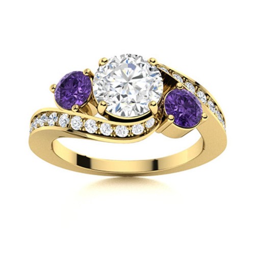 925 Silver Gold Plated 5MM Round White Topaz & Amethyst Three Stone Women Ring