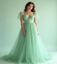 Minimalist Mint Green Wedding Dress Cap Sleeves Tulle Floor Length Bridal Gowns