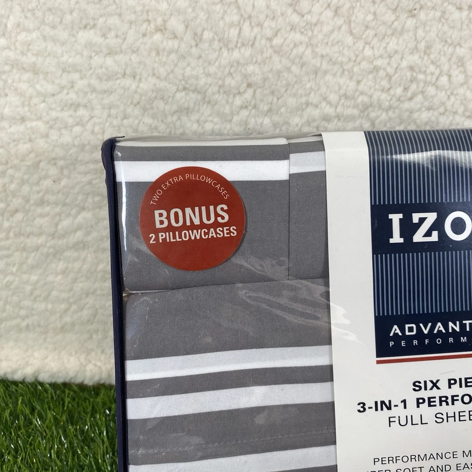 Juego de sábanas tamaño completo IZOD Advantage 3 en 1 rendimiento gris blanco rayas 6 piezas Foto 3 de 4